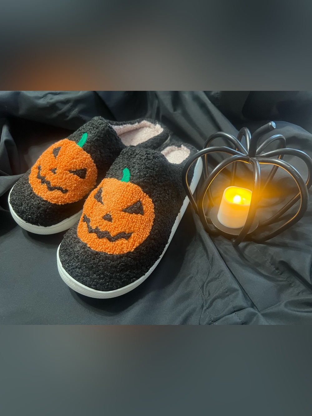 Halloween Black & Orange Pumpkin Slip-On Slippers , Halloween Slippers Unisex